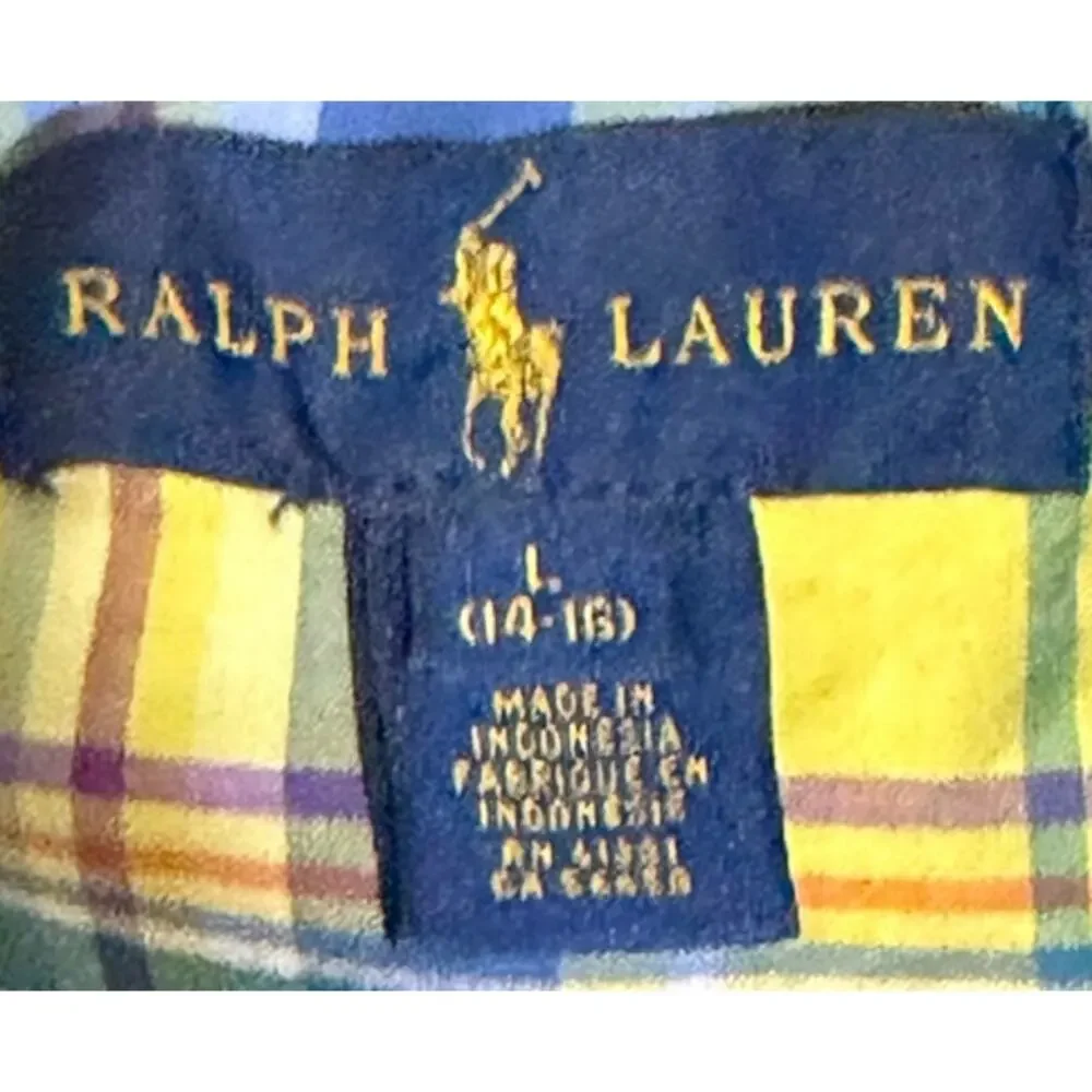 Ralph Lauren Youth Boy's Yellow Blue Plaid Long Sleeve Button Down Shirt Size L